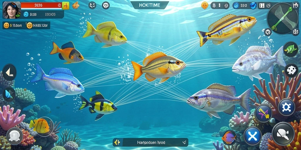 Tampilan gameplay HOKITIME saat menangkap ikan.