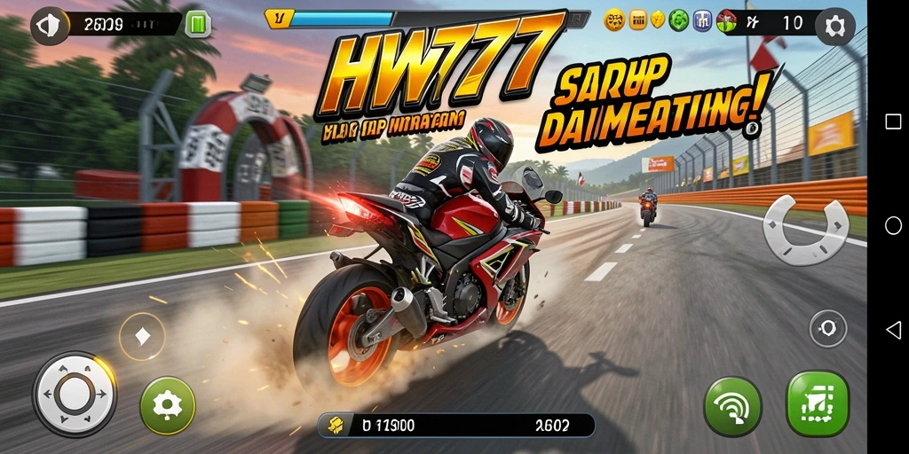 Gameplay HW777 dengan balapan motor yang mendebarkan dan trek yang menantang.