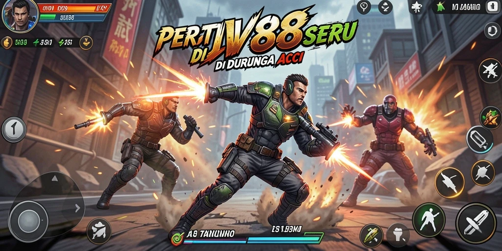 Screenshot JV88 menampilkan aksi seru bertarung di arena.