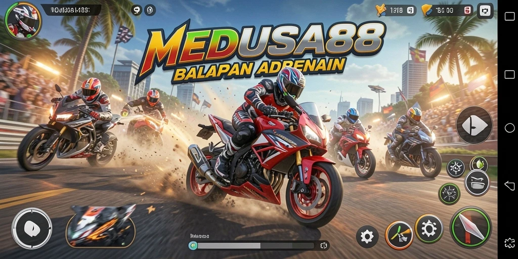 Screenshot gameplay MEDUSA88 menampilkan aksi balapan motor yang mendebarkan.